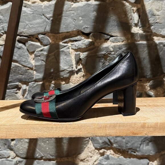 Gucci Black Leather Web Stripe Interlocking GG Pumps - Picture 6 of 13